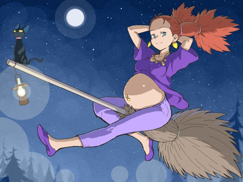 1980s_(style) 1girl blue_eyes broom cat earrings female_focus flying halloween jewelry lantern majo_no_takkyuubin necklace oldschool pregnant red_hair retro_artstyle senior_witch_(majo_no_takkyuubin) smile solo studio_ghibli tenseiani witch