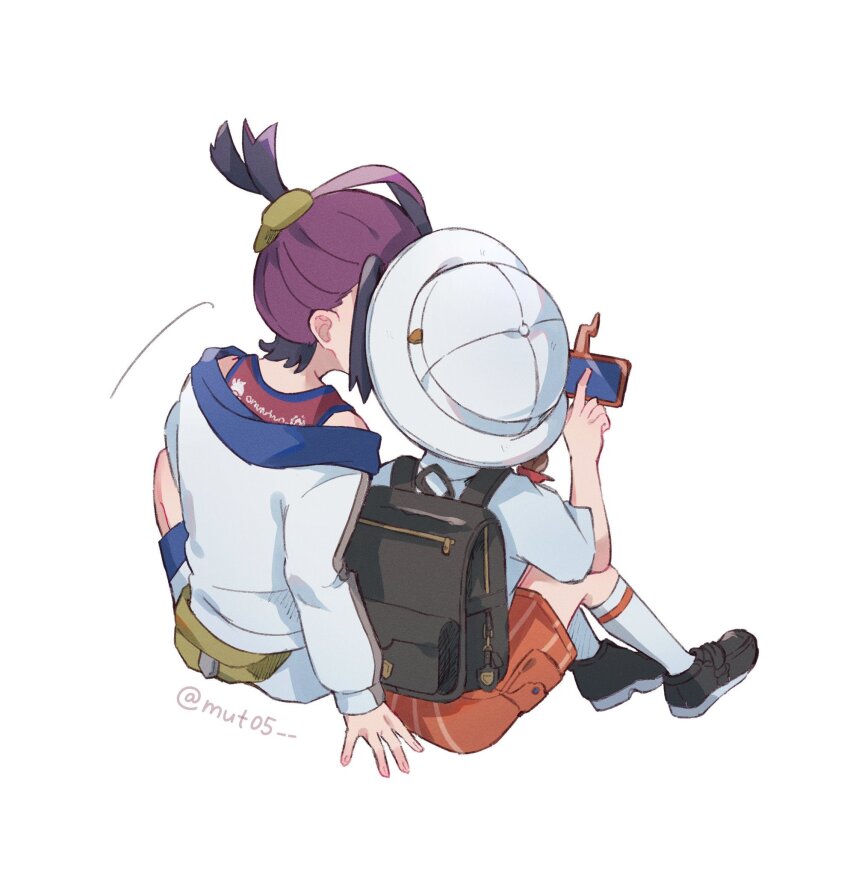 1boy 1girl backpack bag black_footwear black_hair gen_4_pokemon hat hetero highres implied_kiss jacket juliana_(pokemon) kieran_(pokemon) long_sleeves multicolored_hair mut05 naranja_academy_school_uniform nintendo orange_shorts pokemon pokemon_sv purple_hair red_tank_top rotom rotom_phone school_uniform shirt shoes shorts simple_background sitting socks tank_top twitter_username white_hat white_shirt white_socks