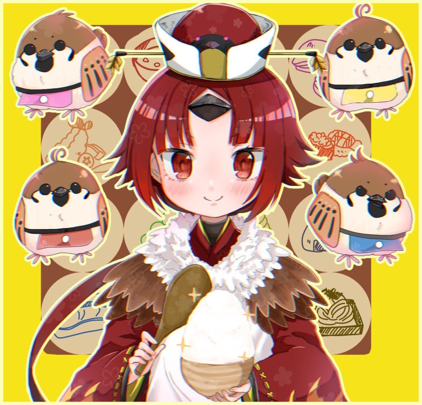 1girl beni-enma bird bird_hat commentary_request fate/grand_order fate_(series) food gaota highres japanese_clothes kimono long_hair looking_at_viewer miso_soup onigiri red_eyes red_hair red_kimono rice shamoji shrimp shrimp_tempura simple_background smile solo sparkle sparrow spoon straight-on tempura upper_body wide_sleeves wooden_spoon yellow_background