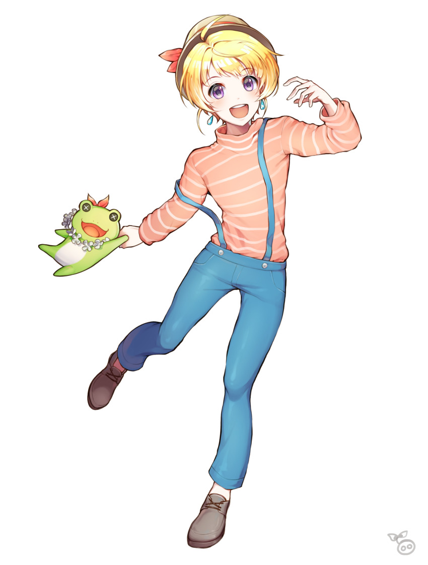 1boy :d absurdres androgynous blonde_hair blue_pants earrings full_body grey_footwear hat highres holding idolmaster idolmaster_side-m jewelry long_sleeves looking_at_viewer lumeru_33 male_focus open_mouth pants pierre_bichelberger pink_shirt purple_eyes shirt shoes simple_background smile strap_slip striped_clothes striped_shirt stuffed_animal stuffed_frog stuffed_toy suspenders trap white_background