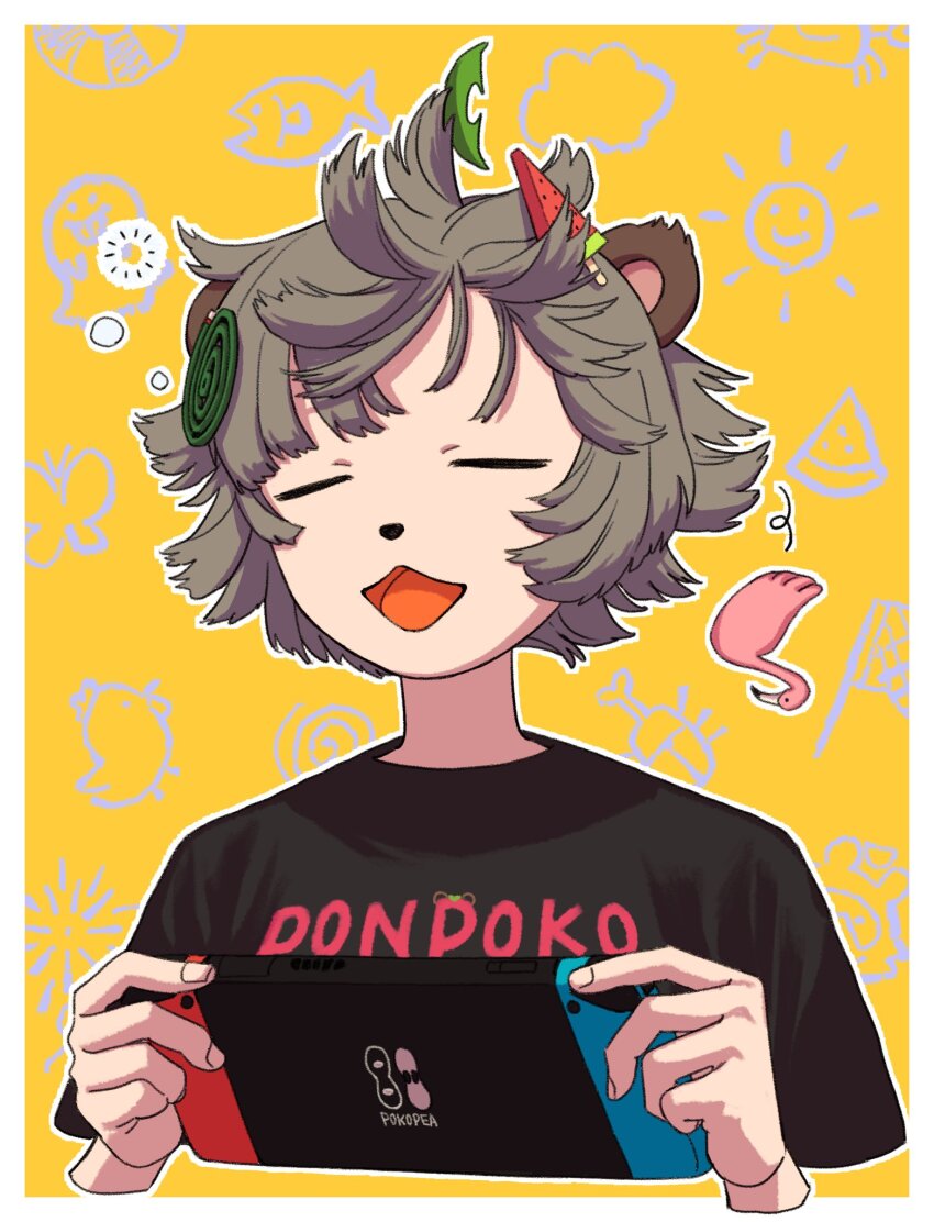 1girl :3 animal_ears animal_nose bird border brown_hair closed_eyes commentary_request cropped_arms cropped_torso facing_viewer flamingo food food-themed_hair_ornament hair_ornament handheld_game_console hands_up highres holding holding_handheld_game_console leaf leaf_on_head messy_hair mode_aim mosquito_coil nintendo_switch open_mouth outline ponpoko_(vtuber) popsicle raccoon_ears raccoon_girl short_hair short_sleeves squeans sleepy solo toy_bird utochan_(uptkop) virtual_youtuber watermelon_bar white_border white_outline yellow_background