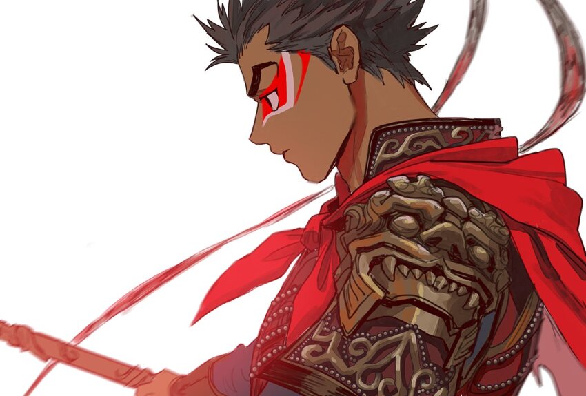 1boy armor cape character_request chinese_zodiac closed_mouth copyright_request dark-skinned_male dark_skin expressionless facepaint from_side holding imam_(oozlo) korean_commentary male_focus red_cape solo white_background year_of_the_monkey