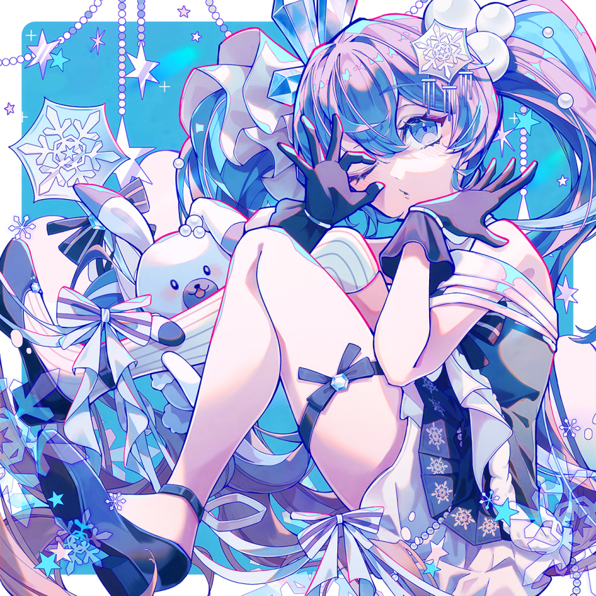 1girl bare_shoulders black_bow black_gloves black_hair black_shoes black_skirt blue_background blue_eyes blue_hair border bow commentary_request crystal gloves hair_between_eyes hands_up hatsune_miku highres hiro_chikyuujin multicolored_hair ok_sign ok_sign_over_eye one_eye_closed parted_lips pleated_skirt rabbit_yukine shoe_soles shoes skirt solo_focus striped_bow twintails two-tone_hair vocaloid white_border yuki_miku