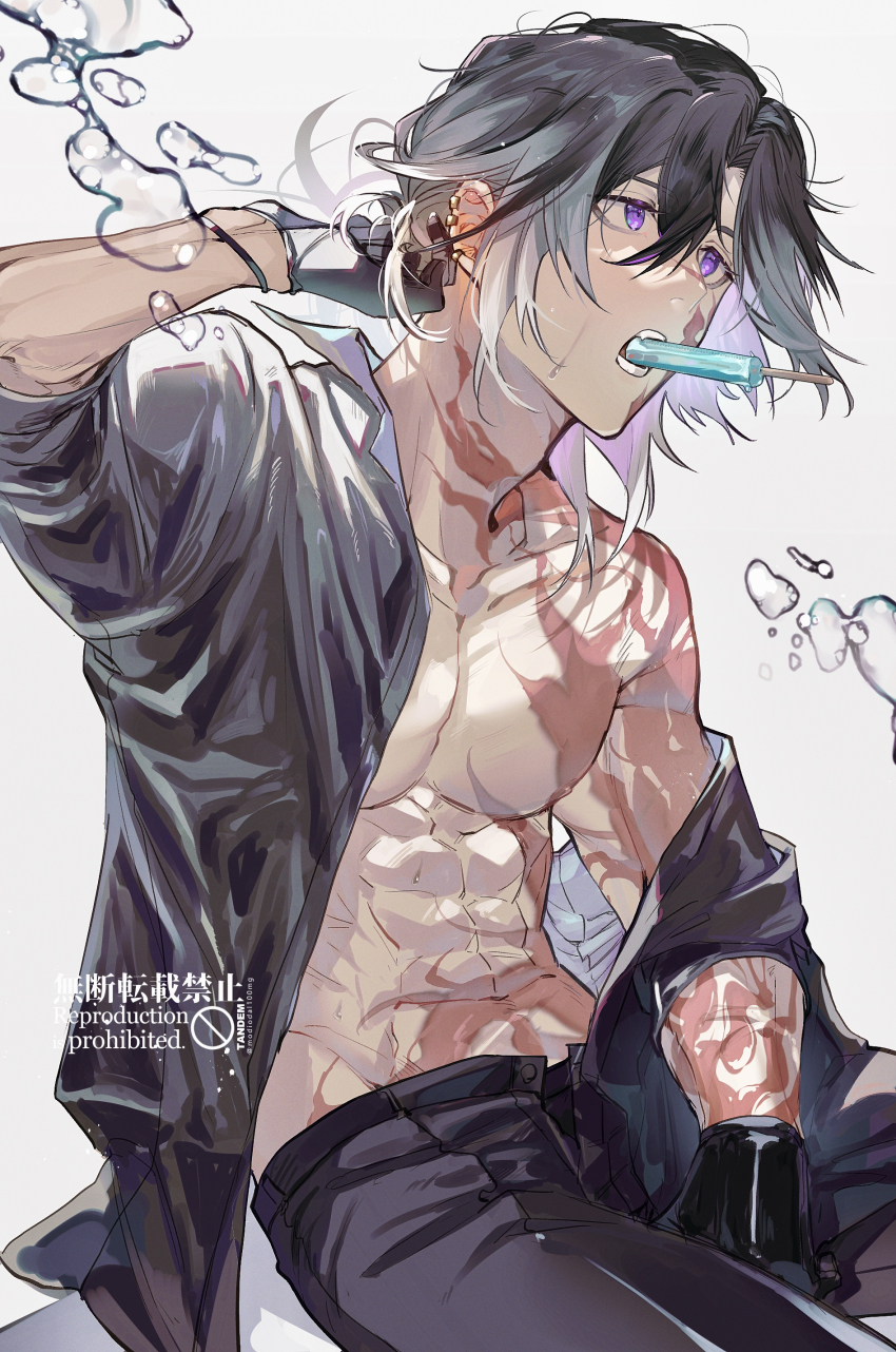 1boy abs absurdres air_bubble arm_at_side artist_name black_gloves black_hair black_male_underwear black_pants black_shirt bubble burn_scar ear_piercing facial_scar fang food food_in_mouth gloves gradient_hair hair_between_eyes hand_up highres jikkyuu_mitsutada looking_ahead male_focus male_underwear mouth_hold multicolored_hair muscular muscular_male nipples off_shoulder open_clothes open_shirt pants partially_unbuttoned pectorals piercing popsicle popsicle_in_mouth purple_eyes scar scar_on_arm scar_on_cheek scar_on_chest scar_on_face scar_on_hip scar_on_neck scar_on_nose scar_on_shoulder scar_on_stomach shirt short_hair simple_background sitting solo sweat tandem touken_ranbu twitter_username two-tone_hair underwear white_background white_hair