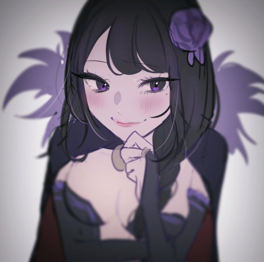 1girl black_hair braid braided_ponytail breasts bridal_gauntlets cape center_opening cleavage detached_sleeves elsa_granhilte flower frilled_sleeves frills fur_trim hair_flower hair_ornament large_breasts long_hair mole mole_under_eye purple_eyes purple_flower purple_rose re:zero_kara_hajimeru_isekai_seikatsu revealing_clothes rose solo