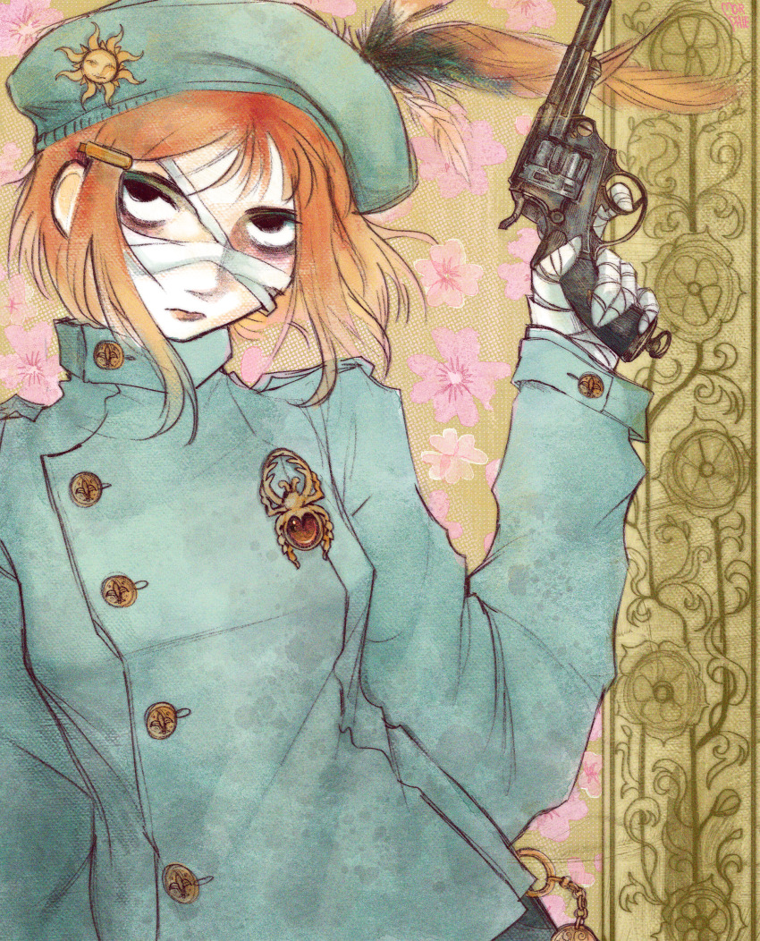 1girl absurdres aqua_hat aqua_jacket arm_up artist_name bags_under_eyes bandage_on_face bandaged_hand bandages beetle beret border breasts brooch bug buttoned_cuffs buttons canvas_texture closed_mouth commentary crimescenepartz english_commentary faux_traditional_media finger_on_trigger fleur-de-lis floral_background floral_border flower gun hair_ornament hairclip handgun hat hat_feather hat_ornament head_tilt heart highres holding holding_gun holding_weapon insect jacket jewelry leaning_to_the_side light_frown lower_lip_only mas_1873 medium_hair military_hat military_jacket military_uniform orange_hair original ornate_border outside_border pink_flower pocket_watch revolver scarab scarab_(crimescenepartz) serious small_breasts solo standing sun_symbol sun_with_face upper_body watch weapon