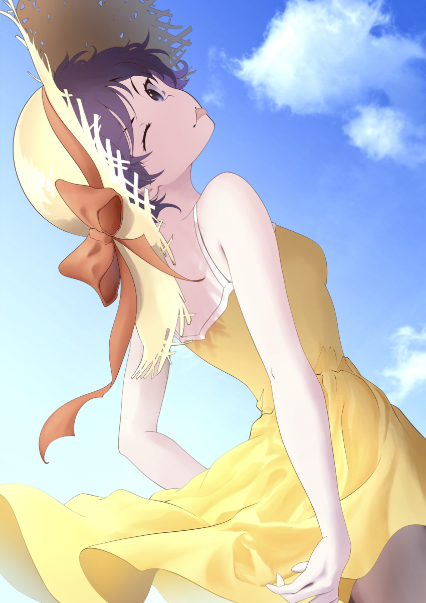 1girl armpit_crease bare_arms blue_sky bow breasts cloud commentary_request cowboy_shot dress eyelashes floating_clothes from_behind from_below hat hat_bow hat_ribbon highres kusakabe_satsuki looking_at_viewer looking_back looking_down n_t_(user_ezmk2485) one_eye_closed purple_eyes purple_hair red_bow red_ribbon ribbon short_hair sky sleeveless sleeveless_dress small_breasts smile solo standing straw_hat studio_ghibli sundress tonari_no_totoro tongue tongue_out turning_head yellow_dress