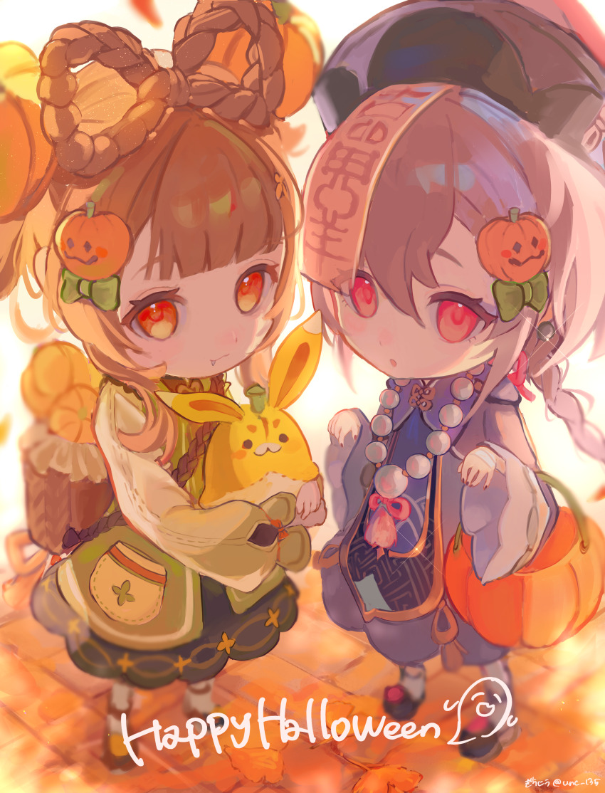2girls absurdres animal artist_name bag bead_necklace beads black_shoes bow bow-shaped_hair braid braided_ponytail brown_bag brown_hair brown_shoes child closed_mouth commentary commentary_request dress english_commentary fang fang_out food-themed_hair_ornament full_body genshin_impact giuniu_(unc_135) green_bow green_dress hair_between_eyes hair_bow hair_ornament halloween_bucket happy_halloween hat highres holding holding_animal jewelry long_hair long_sleeves looking_at_viewer mixed-language_commentary multiple_girls necklace ofuda ofuda_on_head orange_eyes pantyhose pumpkin_hair_ornament purple_dress purple_hair purple_hat qingdai_guanmao qiqi_(genshin_impact) shoes short_hair shoulder_bag smile socks standing white_pantyhose white_socks wide_sleeves yaoyao_(genshin_impact)