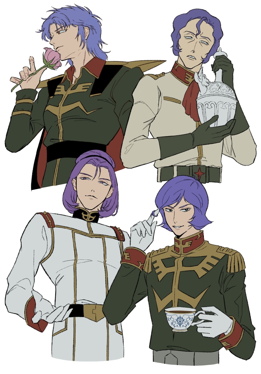 4boys ascot basic_learning belt black_belt black_cape black_eyes brown_eyes cape coat cup elbow_gloves epaulettes flower garma_zabi gloves green_gloves green_jacket grey_belt grin gundam gundam_zz hand_up high_collar highres holding holding_cup holding_flower holding_vase jacket long_sleeves looking_at_viewer looking_to_the_side m&#039;quve male_focus mashymre_cello military_uniform mobile_suit_gundam multiple_boys paptimus_scirocco parted_lips pink_flower pink_rose purple_eyes purple_hair red_ascot red_cape rose short_hair sideways_glance simple_background smile teacup twirling_hair two-sided_cape two-sided_fabric upper_body vase white_background white_belt white_coat zeta_gundam