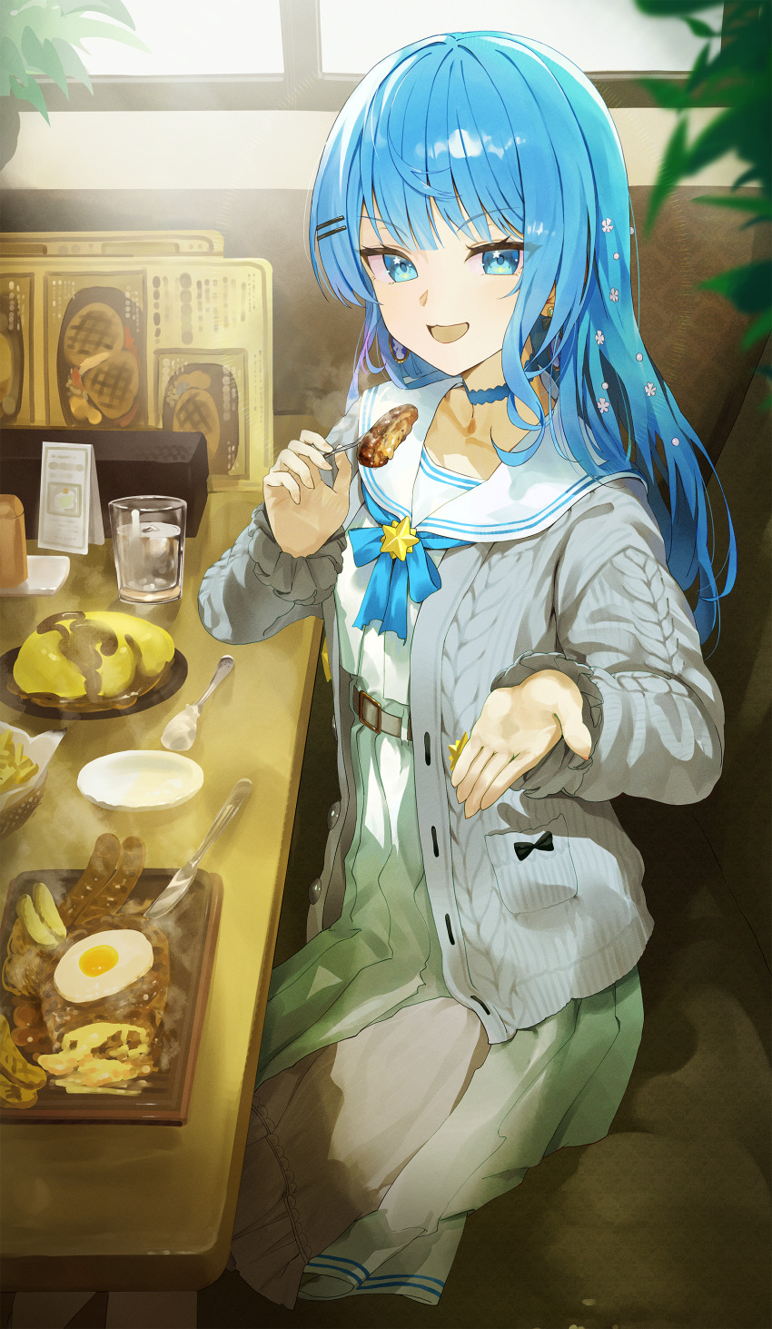 1girl =_hair_ornament absurdres atatatatame01 belt blue_bow blue_bowtie blue_choker blue_eyes blue_hair blunt_bangs bow bowtie butter_knife cardigan choker commentary_request couch cup dress drinking_glass earrings flat_chest flower food fork grey_cardigan hair_flower hair_ornament high_belt highres holding holding_fork hololive hoshimachi_suisei hoshimachi_suisei_(school_uniform) incoming_food jewelry long_hair long_sleeves looking_at_viewer meat menu official_alternate_costume on_couch open_cardigan open_clothes open_mouth plant plate pleated_skirt potted_plant ribbed_cardigan sailor_collar school_uniform serafuku sitting skirt smile solo spoon steak table virtual_youtuber white_dress white_serafuku