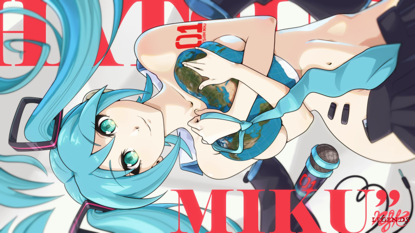 absurdres arm_tattoo blue_hair covering_breasts covering_privates green_eyes hatsune_miku highres legendsnjk long_hair looking_at_viewer nude smile tattoo twintails undressing vocaloid