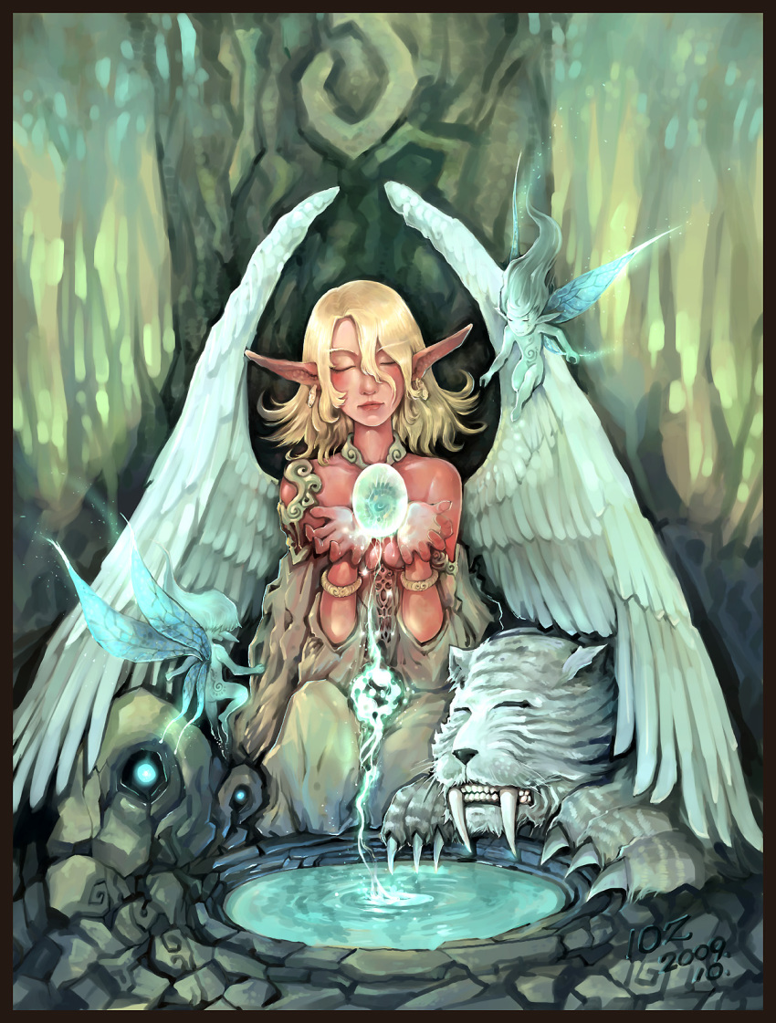 00s 1girl 2009 angel_wings artist_name bare_shoulders black_border blonde_hair border bracelet character_request dated earrings closed_eyes fairy highres jewelry pointy_ears shizi_(10z) sitting tiger warcraft well wings world_of_warcraft