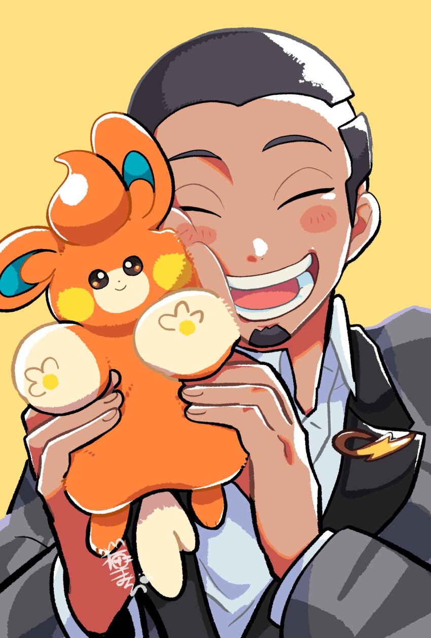 1boy black_hair blush_stickers brown_eyes buzz_cut cheek_squash closed_eyes closed_mouth dark-skinned_male dark_skin facial_hair goatee highres holding holding_pokemon male_focus mikkii_(tales329) nintendo open_mouth pawmi pokemon pokemon_(creature) pokemon_sv salvatore_(pokemon) short_hair smile very_short_hair