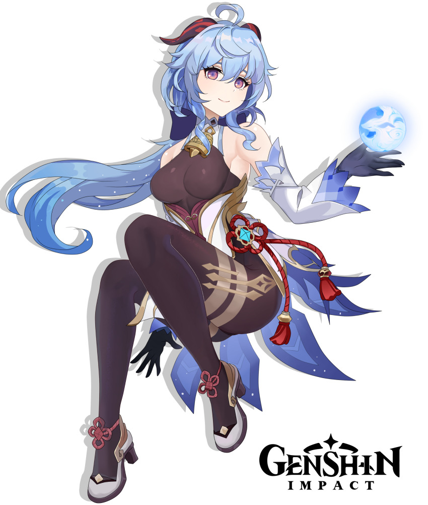 1girl absurdres ahoge bare_shoulders bell black_pantyhose blue_gloves blue_hair breasts chinese_knot copyright_name detached_sleeves flower_knot full_body ganyu_(genshin_impact) genshin_impact gloves gold_trim high_heels highres horns jewelry light_smile long_hair looking_at_viewer maxwelzy medium_breasts neck_bell orb pantyhose purple_eyes qilin_(mythology) sidelocks solo tassel thighlet vision_(genshin_impact) waist_cape white_sleeves