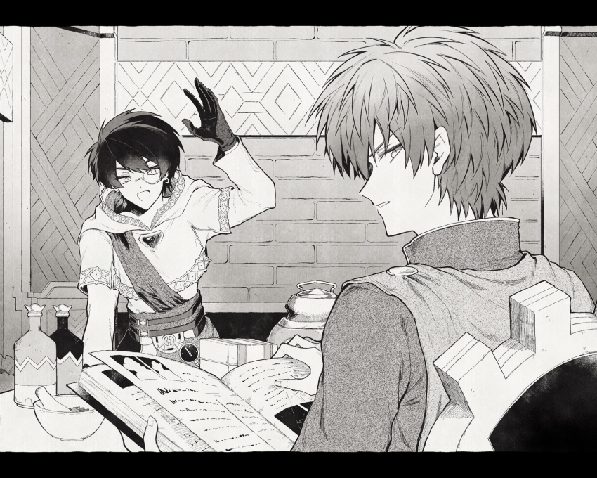 2boys :d arm_up black_border book border bottle cape clenched_teeth commentary_request dragon_quest dragon_quest_x earrings gloves greyscale hatching_(texture) hero&#039;s_sibling_(dq10) highres holding holding_book hoop_earrings indoors jewelry letterboxed looking_at_viewer looking_back male_focus monochrome monocle mortar_(bowl) multiple_boys official_alternate_costume open_book open_mouth pestle quad_(dq10) sato_sio_(si00x) shirt short_hair sitting smile teeth upper_body waving