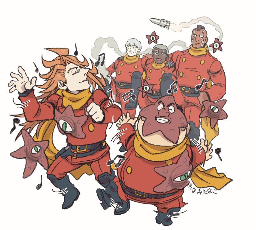 albert_heinrich big_nose chang_changku coat cyborg_009 dancing geronimo_jr great_britain_(cyborg_009) hair_over_one_eye highres jet_link long_hair multiple_boys pants pyunma red_coat red_pants scarf short_hair starfish_on_head tanaotanako transformation yellow_scarf