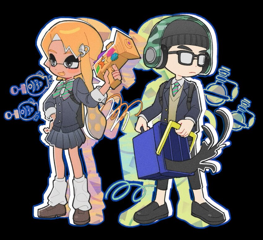 1boy 1girl beanie black-framed_eyewear black_hat black_pants blazer blue_jacket bow bowtie brown_footwear cardigan closed_mouth collared_shirt colored_tongue commentary_request fang film_grain full_body glasses green_bow green_bowtie green_necktie grey_cardigan grey_eyes grey_skirt hair_ornament hairclip half-closed_eyes hand_on_own_hip hat headphones headphones_over_headwear hg_swdiary highres holding holding_weapon inkling inkling_boy inkling_girl inkling_player_character jacket korean_commentary long_hair loose_socks necktie nintendo open_clothes open_jacket open_mouth orange_hair orange_tongue pants parted_bangs pink_bow pink_bowtie pink_necktie pleated_skirt pointy_ears school_uniform shirt skirt sleeves_rolled_up socks splatoon_(series) splattershot_jr._(splatoon) standing striped_bow striped_bowtie striped_clothes striped_necktie tentacle_hair torpedo_(splatoon) toxic_mist_(splatoon) tri-slosher_(splatoon) wavy_hair weapon white_shirt white_socks