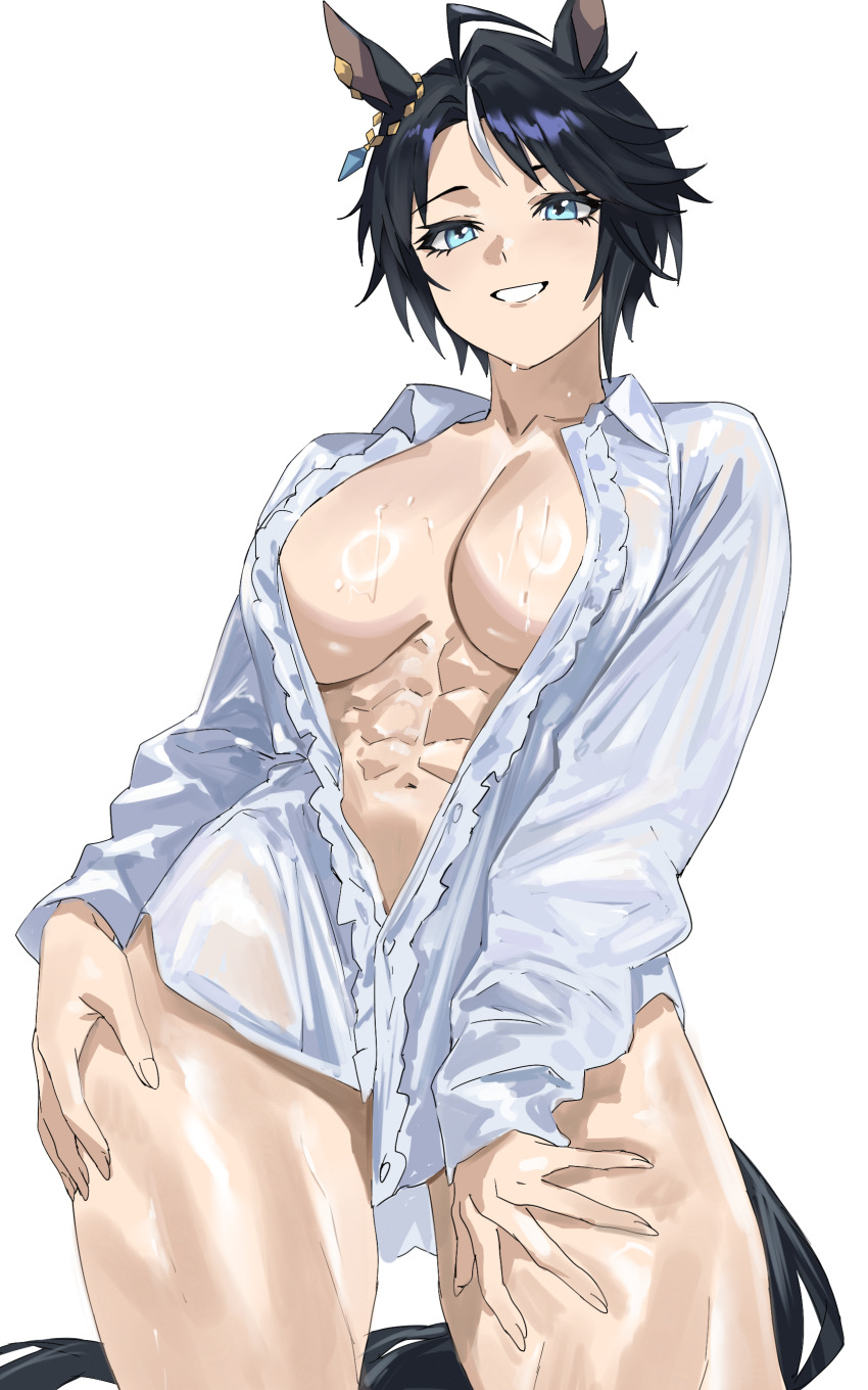 1girl abs absurdres animal_ears black_hair blouse blue_eyes breasts ear_ornament fuji_kiseki_(umamusume) highres horse_ears horse_girl horse_tail large_breasts long_sleeves muscular muscular_female naked_shirt navel no_bra open_clothes shirt short_hair simple_background solo tail taiyang_yu umamusume wet white_background white_shirt white_streaks