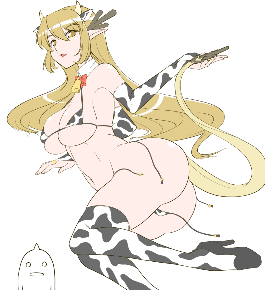 1girl animal_ears animal_print antlers ass bare_shoulders bell bikini black_shoes blonde_hair bow bowtie breasts bridal_gauntlets cleavage cow_ears cow_horns cow_print cowbell detached_collar dragon_girl dragon_tail fingernails futaba_channel hair_between_eyes high_heels highres horns jewelry kouryuu_(nijiura_maids) large_breasts lips long_hair lying micro_bikini midriff navel neck_bell nijiura_maids on_side open_mouth pink_lips pointy_ears print_bikini print_thighhighs red_bow red_bowtie ring ruriwo_(ruriwo1894) shoes simple_background skindentation solo swimsuit tail thighhighs thighs underboob undone_bikini untied_bikini white_background yellow_eyes yellow_horns yellow_tail