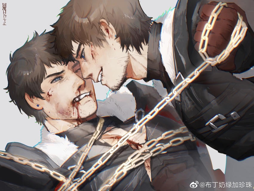2boys adventurer_(ff14) ardbert_hylfyst bara bdsm blood blood_on_face blue_eyes bondage bound brown_hair bruise chain chained chinese_commentary earrings facial_hair facial_scar final_fantasy final_fantasy_xiv forehead-to-forehead hair_between_eyes heads_together highres hyur injury jewelry large_pectorals male_focus mature_male mbdtz multiple_boys muscular muscular_male nosebleed pectoral_cleavage pectorals scar scar_across_eye scar_on_cheek scar_on_face scar_on_neck short_hair smirk stubble teeth thick_eyebrows upper_body warrior_of_light_(ff14) watermark weibo_watermark yaoi