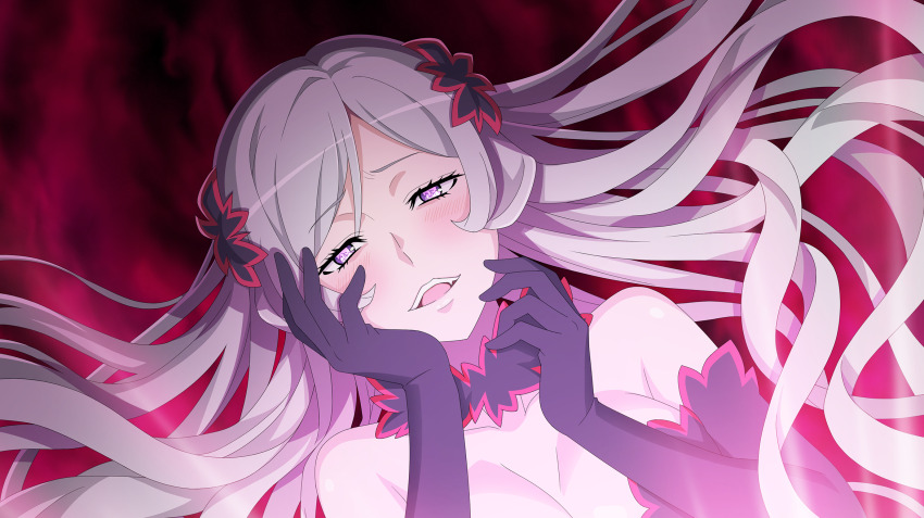 1girl anime_coloring aroused bare_shoulders blush breasts cleavage danmachi_battle_chronicle dungeon_ni_deai_wo_motomeru_no_wa_machigatteiru_darou_ka elbow_gloves eye_reflection fang flipped_sidelocks freya_(danmachi) game_cg gloves grey_hair hair_ornament hair_spread_out hand_on_own_cheek hand_on_own_face hands_up highres long_hair looking_at_viewer medium_breasts non-web_source official_art parted_bangs parted_lips portrait purple_eyes reflection revealing_clothes smile solo