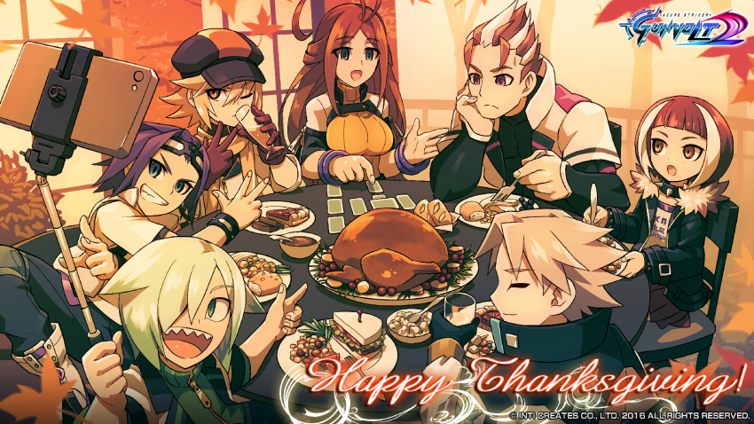 2girls 5boys antenna_hair asrock_(gunvolt) azure_striker_gunvolt azure_striker_gunvolt_2 newsboy_cap food gauri_(gunvolt) gibril_(gunvolt) gravy hat head_rest highres multiple_boys multiple_girls nike_(gunvolt) nimrod_(gunvolt) official_art official_wallpaper round_table sandwich sitting table tenjian_(gunvolt) teseo_(gunvolt) turkey_(bird) v