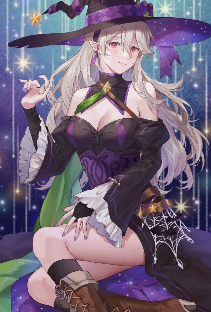 1girl ai_tkkm black_dress black_hairband black_headwear black_sleeves blush boots breasts bridal_gauntlets brown_boots cleavage closed_mouth commentary_request female_corrin_(fire_emblem) female_corrin_(halloween)_(fire_emblem) detached_collar detached_sleeves dress earrings fire_emblem fire_emblem_fates fire_emblem_heroes grey_hair hair_between_eyes hairband halloween_costume hat highres jewelry long_hair looking_at_viewer medium_breasts nintendo official_alternate_costume pointy_ears purple_nails red_eyes smile solo thighs wavy_hair witch witch_hat