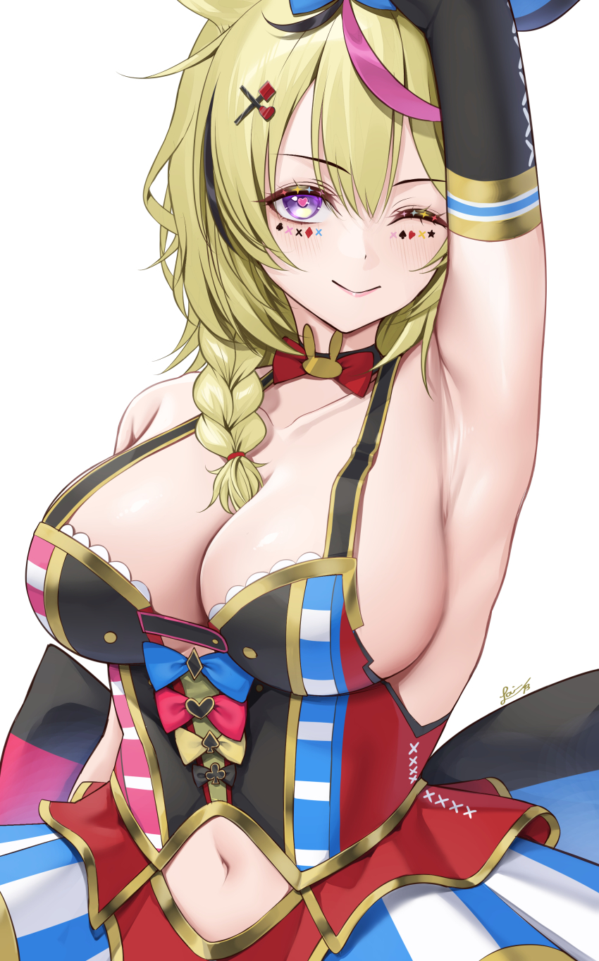 1girl ;) absurdres ahoge animal_ears arm_up armpit_focus armpits bare_shoulders black_hair blonde_hair blush bow bowtie braid braided_ponytail breasts cleavage collarbone commentary_request cross-laced_clothes cross-laced_gloves elbow_gloves fox_ears fox_girl gloves gold_trim hair_between_eyes hair_ornament heart heart_in_eye highres hololive laimer large_breasts long_hair looking_at_viewer mark_under_eye multicolored_hair navel omaru_polka omaru_polka_(1st_costume) one_eye_closed pink_hair playing_card_theme purple_eyes rabbit_ornament red_bow red_bowtie sideboob signature single_elbow_glove skirt smile solo streaked_hair striped_clothes striped_skirt symbol_in_eye upper_body vertical-striped_clothes vertical-striped_skirt virtual_youtuber x_hair_ornament