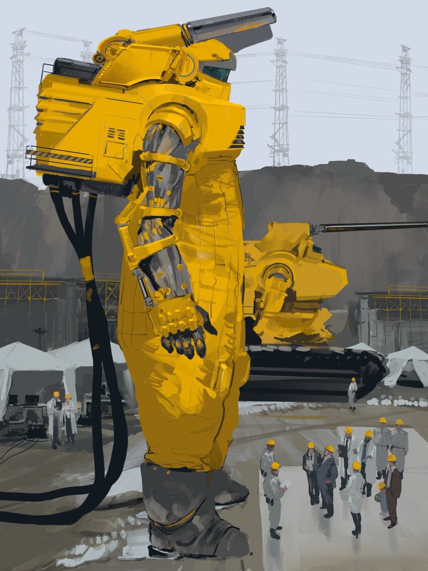 alternate_design alternate_universe armor biopunk black_necktie blue_visor boots cable caterpillar_tracks child construction_site construction_worker cyborg earth_federation excavator exoskeleton fog formal_clothes from_side grey_sky guncannon gundam guntank hard_hat helmet highres industrial jumpsuit lab_coat ladder machinery mecha mecha_focus mobile_suit monitor motor_vehicle necktie outdoors painting_(medium) piston power_lines radio_antenna rintaro_komori robot scaffolding science_fiction shoulder_cannon size_difference sky suit tent traditional_media transmission_tower white_jumpsuit yellow_armor yellow_jumpsuit