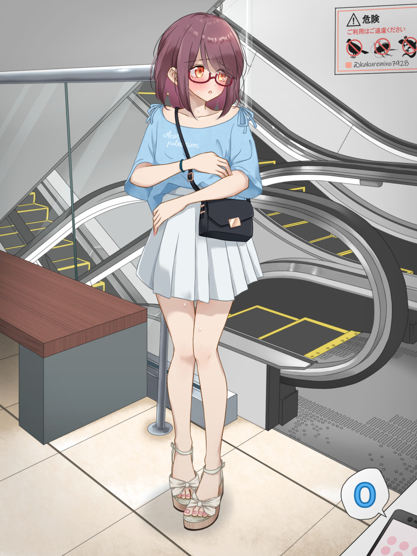 1girl artist_name bag bench blue_shirt blush bracelet cellphone clothes_writing collarbone commentary_request escalator flat_chest full_body glasses hand_up handbag highres indoors jewelry kakuremino7928 large_variant_set legs legs_together looking_to_the_side miniskirt nail_polish nervous open_mouth orange_eyes original phone pink_nails pleated_skirt public_indecency public_vibrator purple_hair raised_eyebrows red-framed_eyewear remote_control_vibrator revision sandals semi-rimless_eyewear sex_toy shirt shirt_tucked_in short_hair short_sleeves shoulder_bag sidelocks sign signature skirt smartphone solo speech_bubble stairs standing sweat tile_floor tiles toenail_polish toenails translated twitter_username variant_set vibrator vibrator_under_clothes white_sandals white_skirt