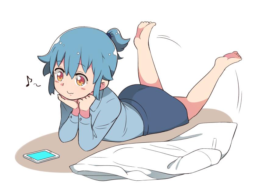 1girl barefoot blue_hair blue_shirt blue_skirt blush cellphone commentary_request feet_up female_focus head_rest highres humming lab_coat long_sleeves lying on_stomach orange_eyes pencil_skirt personification phone ponytail shirt short_ponytail sidelocks skirt smartphone solo tsukigi twitter twitter-san_(character) twitter-san_(tsukigi)
