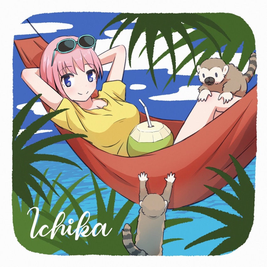 1girl animal arms_behind_head arms_up asou_(asabu202) beach blue_eyes blush border character_name cloud cloudy_sky day drinking_straw eyewear_on_head go-toubun_no_hanayome hammock highres lemur nakano_ichika ocean palm_leaf palm_tree pink_hair shirt short_hair sky smile solo sunglasses t-shirt tree tropical_drink white_border