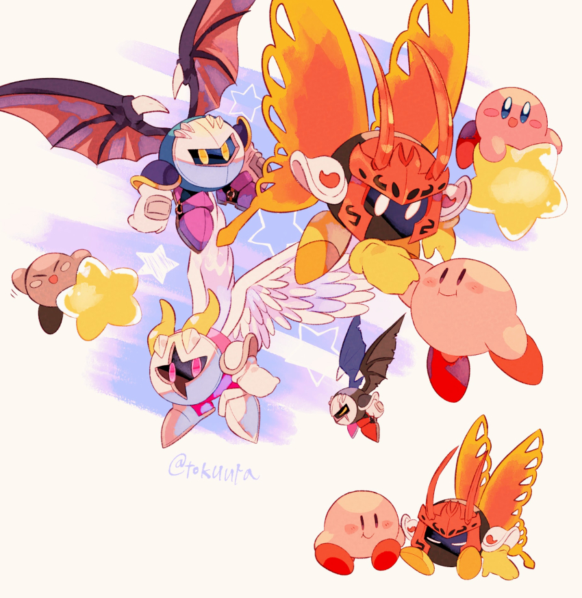 ^_^ arm_up armor armored_boots artist_name black_wings blue_eyes blush blush_stickers boots butterfly_wings closed_eyes closed_mouth commentary_request cracked_mask dark_meta_knight feathered_wings flying galacta_knight gloves highres holding_hands horned_mask horns insect_wings kirby kirby_(series) looking_at_another looking_at_viewer looking_to_the_side mask meta_knight morpho_knight nintendo orange_wings pauldrons pink_eyes purple_background purple_footwear red_footwear riding shadow_kirby shoes shoulder_armor simple_background sitting smile spiked_wings spikes star_(symbol) tokuura torn_wings twitter_username u_u warp_star waving white_background white_eyes white_footwear white_wings wings yellow_boots yellow_eyes yellow_gloves