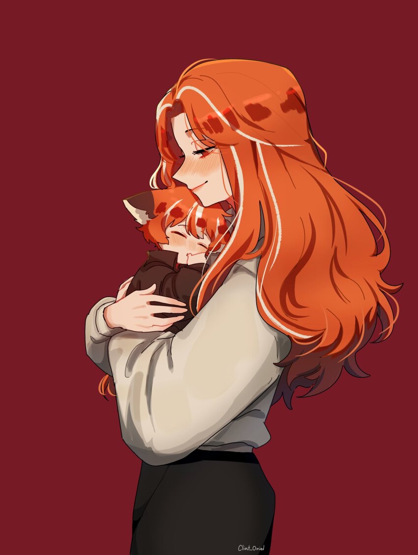 1boy 1girl aged_down animal_ears black_pants blush carrying carrying_person child clint_oriel commentary dream_smp english_commentary fox_boy fox_ears fundy_(youtuber) highres humanization long_hair long_sleeves minecraft_youtube mother_and_son multicolored_hair orange_hair orange_theme pants personification profile red_background sally_the_salmon shirt short_hair signature simple_background smile streaked_hair thumb_sucking toddler white_hair white_shirt