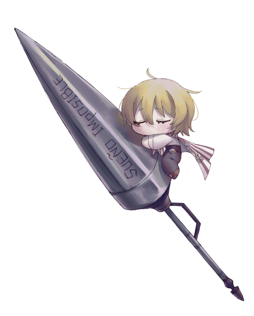 1girl ahoge badge black_pants blonde_hair blush closed_eyes coat coat_on_shoulders don_quixote_(project_moon) full_body highres kitaku_(ienikaeru) lance limbus_company long_sleeves pants polearm project_moon shirt short_hair simple_background solo spanish_text weapon white_background white_shirt