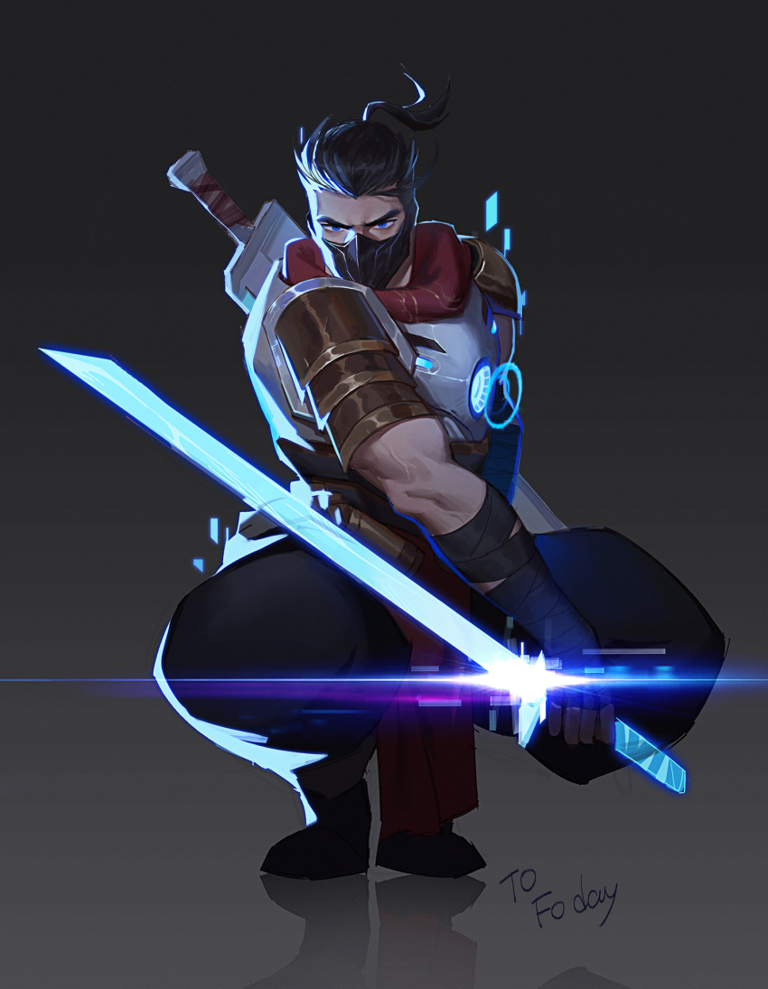 1boy amo_(amo9612) armor bandages black_hair blue_eyes boots buzz_cut chest_armor chest_plate glowing glowing_weapon highres league_of_legends looking_at_viewer male_focus manly mask muscular muscular_arms muscular_male pants ponytail pulsefire_shen scar shen_(league_of_legends) short_hair shoulder_armor shoulder_pads solo squatting sword veins veiny_arms very_short_hair weapon