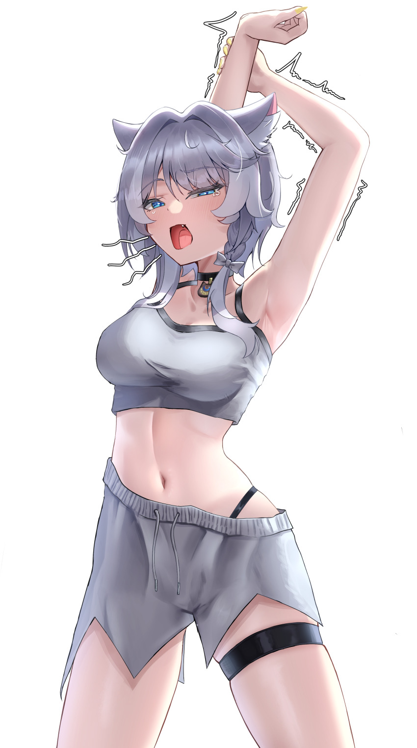 1girl absurdres alternate_costume animal_ear_fluff animal_ears armpits arms_up black_panties blue_eyes breasts cat_ears cipher_(honkai:_star_rail) commentary_request cowboy_shot fang grey_hair grey_shorts grey_sports_bra hair_intakes highres honkai:_star_rail honkai_(series) medium_breasts navel no_tail open_mouth panties panty_straps rua_(rua0007113) short_hair_with_long_locks shorts simple_background solo sports_bra stomach stretching thigh_strap thighs underwear white_background yawning yellow_nails