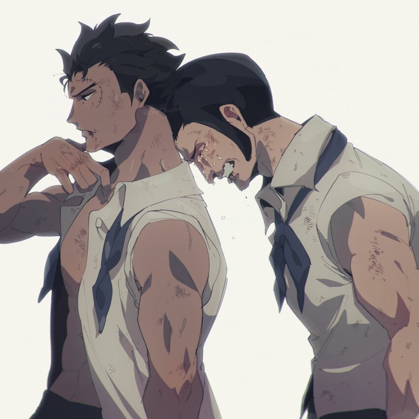 2boys abs aged_down arm_at_side arm_up bare_arms bare_shoulders black_hair blood blood_from_mouth clenched_teeth closed_eyes closed_mouth collared_shirt crying dripping highres injury leaning_forward looking_down male_focus monkey_d._garp multiple_boys one_piece open_clothes open_shirt ovasayuri scar scar_on_face scratches sengoku_(one_piece) shirt short_hair sideburns simple_background sleeveless sleeveless_shirt stomach teeth toned toned_male unhappy upper_body white_background white_shirt wing_collar