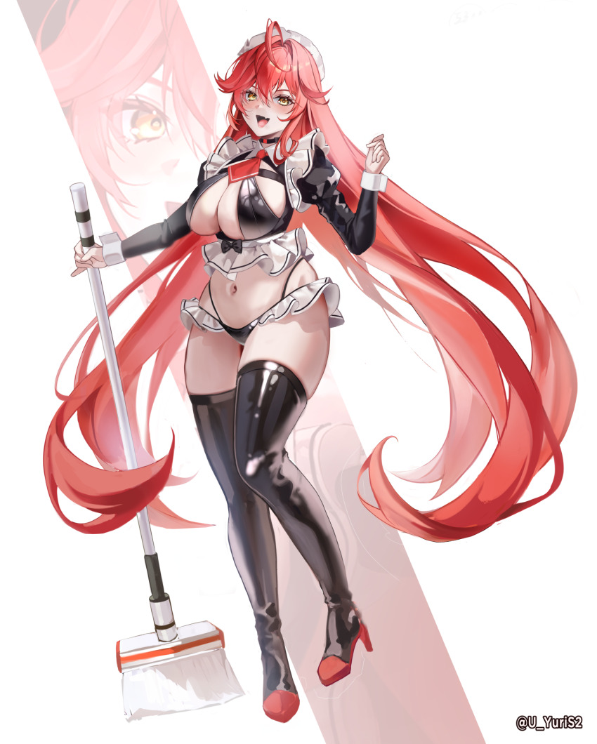 1girl ahoge alternate_costume black_thighhighs broom brown_eyes commentary dress english_commentary full_body goddess_of_victory:_nikke hair_between_eyes high_heels highres holding holding_broom long_hair looking_at_viewer maid maid_headdress navel necktie open_mouth red_footwear red_hair red_hood_(nikke) red_necktie smile solo standing thighhighs uyuri_(89976220)