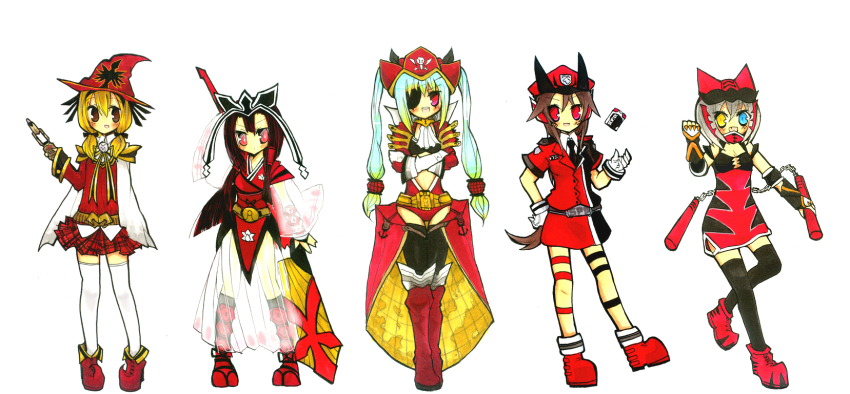 5girls animification clothes_writing dekared geki_red gender_request genderswap gokai_red gokaired hat highres juuken_sentai_gekiranger kaizoku_sentai_gokaiger magired mahou_sentai_magiranger multiple_girls personification samurai_sentai_shinkenger shinken_red super_sentai tokusou_sentai_dekaranger witch_hat