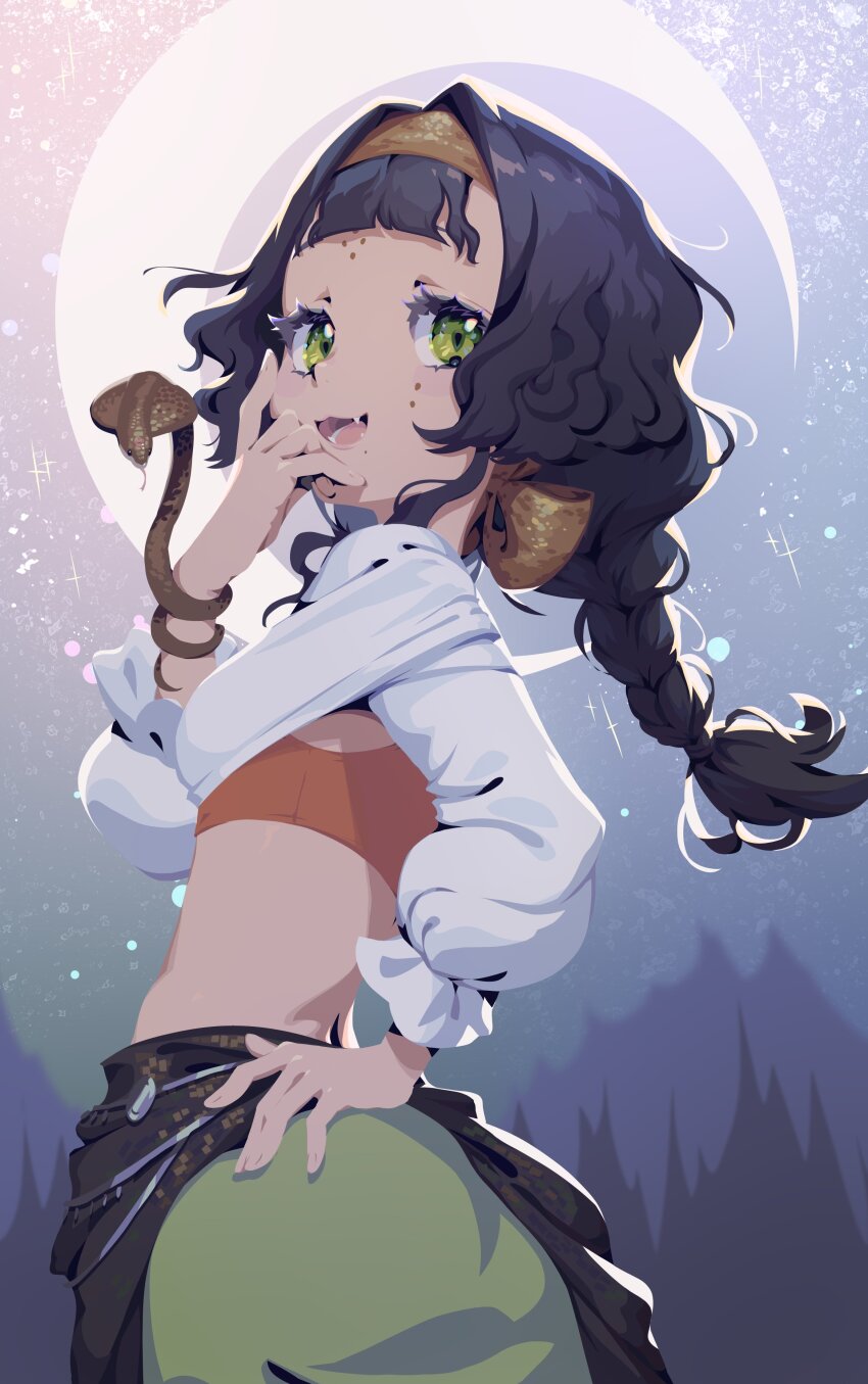 1girl :d absurdres animal_on_arm black_hair blue_background blunt_bangs braid cobra_(animal) crescent_moon cropped_shirt facial_mark fangs forehead_mark from_side green_eyes green_skirt hairband hand_on_own_face hand_on_own_hip highres huge_moon kanjira long_sleeves looking_at_viewer looking_to_the_side moon mountain night night_sky open_mouth reverse:1999 shirt single_braid skirt sky smile solo star_(sky) starry_sky stomach takiminada tongue upper_body white_shirt yellow_hairband