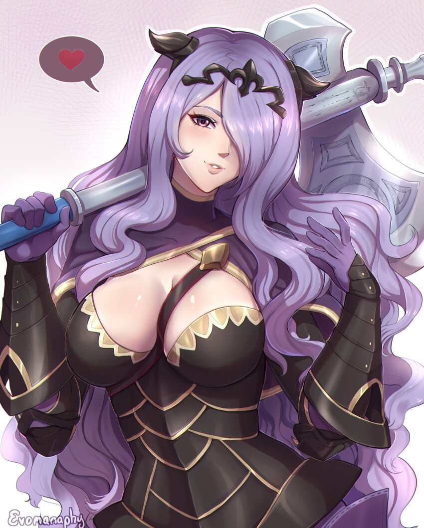 1girl absurdres arm_up armor axe black_armor breasts camilla_(fire_emblem) cleavage evomanaphy fire_emblem fire_emblem_fates gloves hair_over_one_eye heart highres holding holding_axe horns large_breasts long_hair nintendo purple_eyes purple_gloves purple_hair simple_background solo spoken_heart tiara