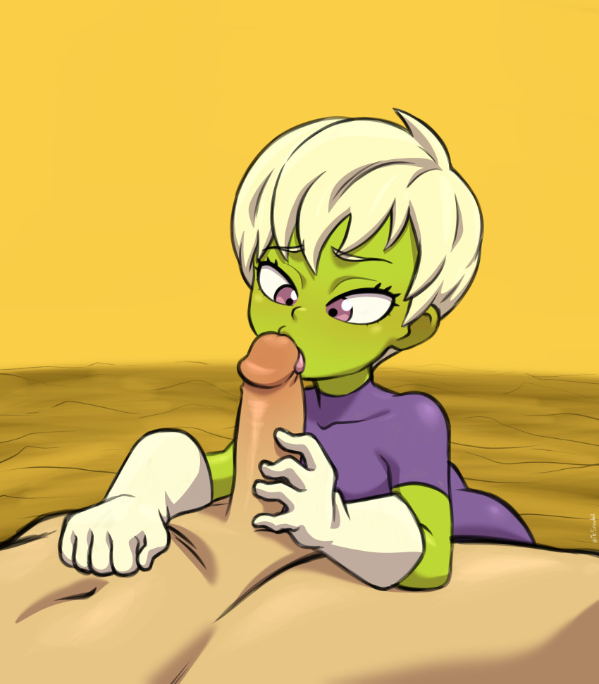 1boy 1girl absurdres aged_down alien bodysuit cheelai colored_skin covered_collarbone dragon_ball dragon_ball_super eyebrows eyelashes fellatio gloved_handjob gloves green_skin handjob hetero highres looking_at_penis looking_down mr_snowkell oral outdoors penis pink_eyes purple_bodysuit short_hair short_sleeves size_difference sky solo_focus tomboy tongue tongue_out uncensored upper_body white_gloves white_hair yellow_sky
