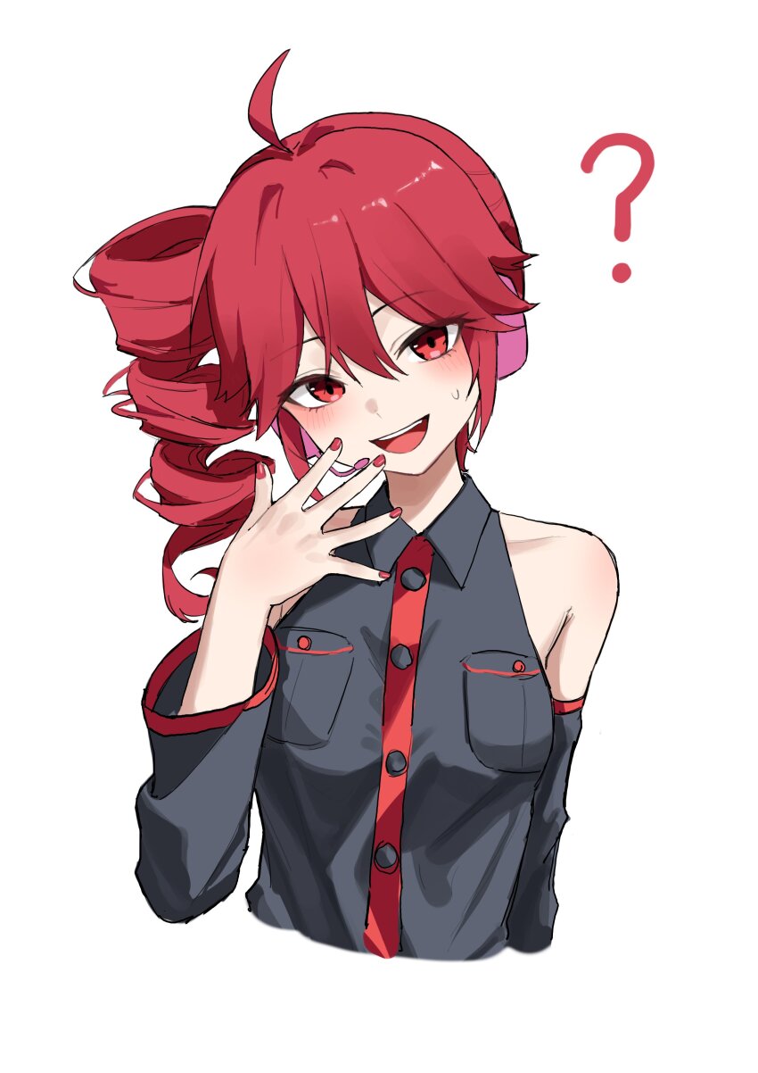 1girl ? absurdres ahoge alternate_hairstyle arm_at_side armpit_crease bare_shoulders black_sleeves breast_pocket buttons collarbone collared_shirt detached_sleeves double-parted_bangs drill_hair hair_between_eyes hand_up headphones highres hu2924 kasane_teto kasane_teto_(utau) meme open_mouth pocket shirt side_drill sidetail_miku_noodle_stopper_(meme) simple_background solo sweatdrop teeth tongue upper_body upper_teeth_only utau white_background wing_collar