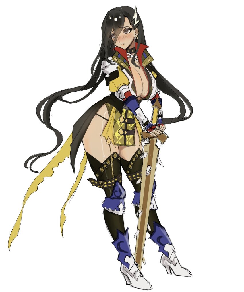 13addendum 1girl armor armored_boots black_hair boots breasts brown_eyes cape center_opening choker fate/grand_order fate_(series) full_body genderswap genderswap_(mtf) greaves hair_between_eyes hand_on_hilt high_collar high_heels highres large_breasts long_hair looking_down mandricardo_(fate) multicolored_hair sketch solo streaked_hair sword thighs weapon wooden_sword