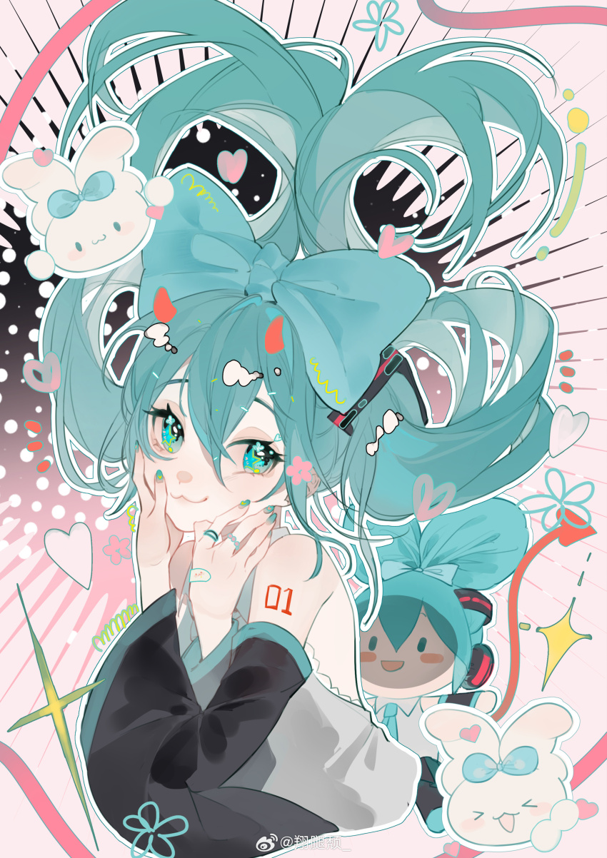&gt;_&lt; 1girl :3 absurdres aqua_bow aqua_eyes aqua_hair aqua_nails bandaid bare_shoulders black_sleeves blue_bow blush_stickers bow closed_mouth detached_sleeves ear_bow grey_shirt hair_between_eyes hair_bow hair_ornament hands_on_own_cheeks hands_on_own_face hatsune_miku heart highres horns jewelry long_hair long_sleeves looking_at_viewer nail_polish ring shirt shoulder_tattoo sleeveless sleeveless_shirt smile tattoo twitter_username updo upper_body vocaloid wide_sleeves xiang_tui_tui