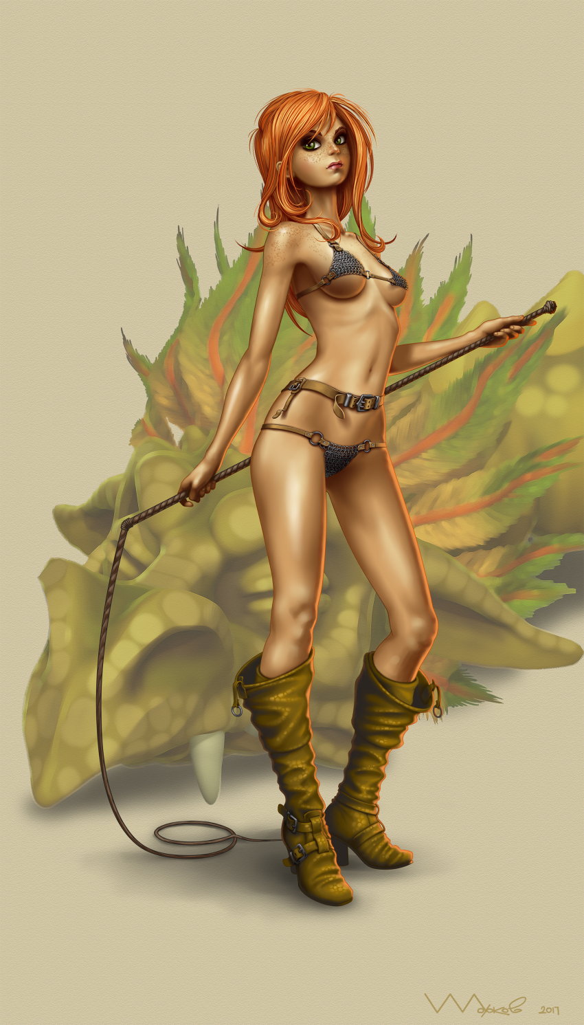 1girl absurdres armor armpits belt belt_skirt bikini_armor boots breasts breasts_apart chainmail colored_skin discworld dragon eyelashes female_focus freckles from_side full_body green_boots green_eyes green_skin grey_background high_heel_boots high_heels highres ivanalekseich knee_boots legs_apart liessa_wyrmbidder orange_hair simple_background solo standing swept_bangs underboob whip