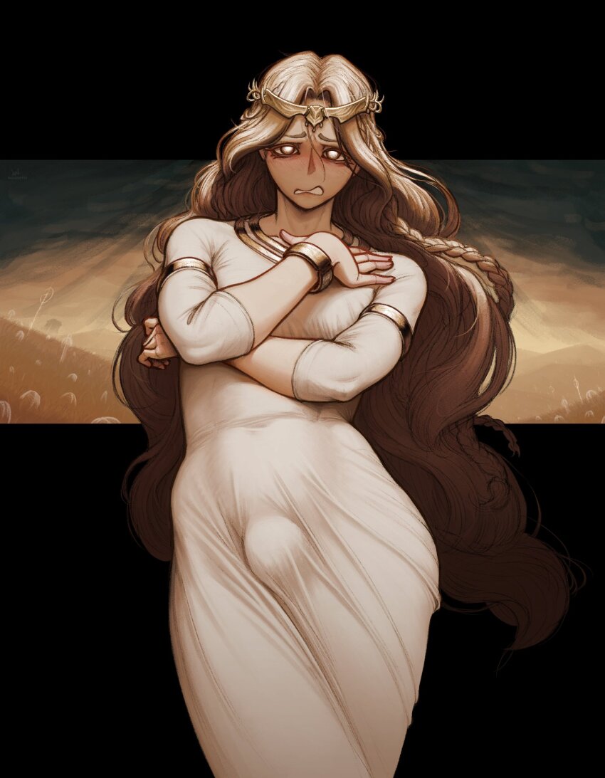 1boy androgynous arawaffle blonde_hair bracelet braid bulge circlet crossed_arms elden_ring elden_ring:_shadow_of_the_erdtree gold_circlet hair_intakes highres jewelry long_hair looking_at_viewer miquella_(elden_ring) nervous trap tunic very_long_hair wavy_hair white_tunic