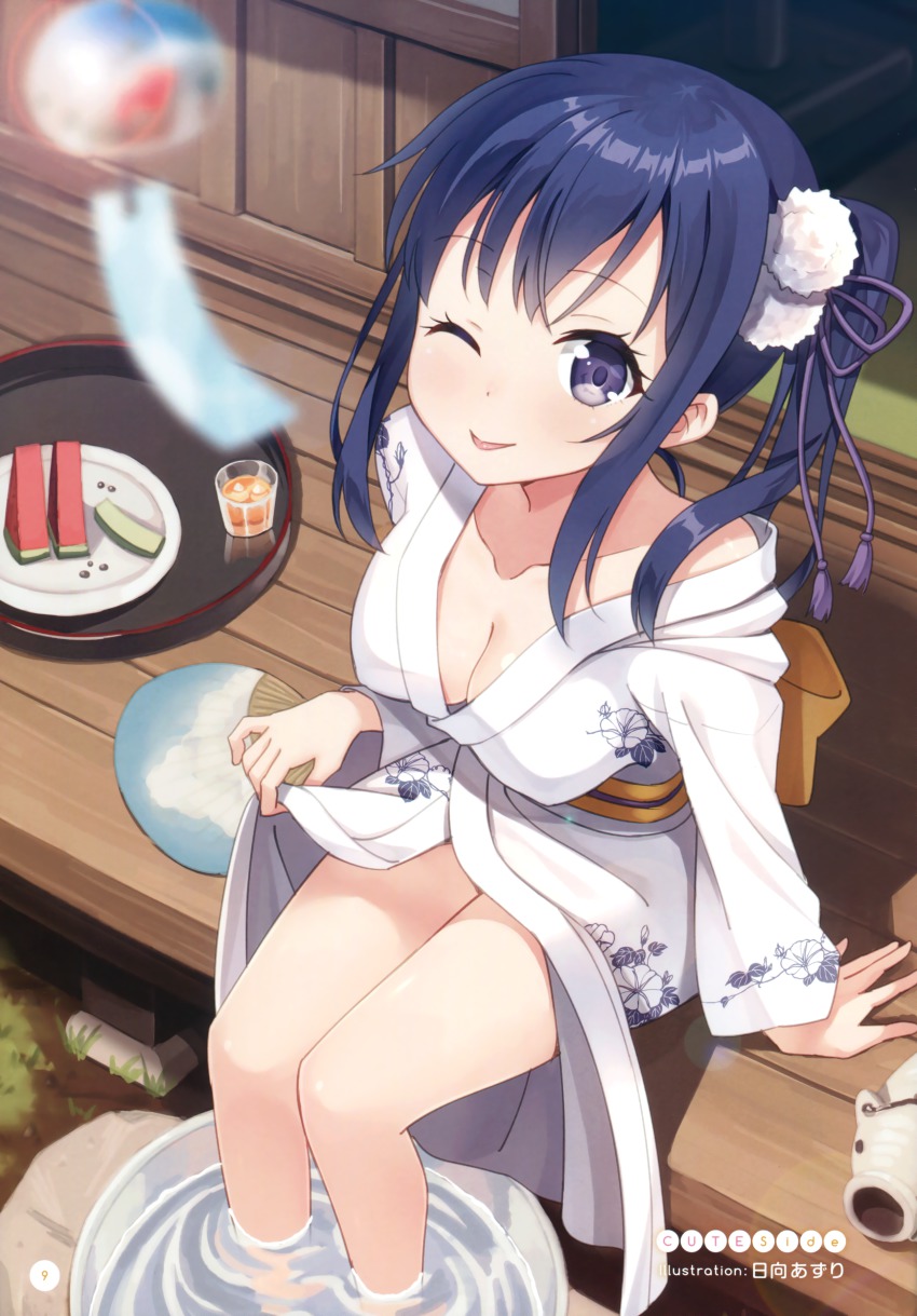 10s 1girl absurdres bathrobe blue_eyes blue_hair blurry blush breasts cleavage clothes_lift collarbone covered_erect_nipples depth_of_field female_focus food fruit hair_ornament highres hyuuga_azuri imai_midori japanese_clothes long_hair looking_at_viewer matching_hair/eyes medium_breasts naughty_face one_eye_closed porch shirobako shirt_lift side_ponytail sitting smile soaking_feet solo tongue tongue_out water watermark watermelon wind_chime