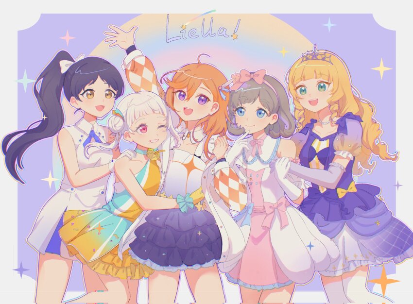 5girls :d arashi_chisato arched_bangs argyle_clothes argyle_sleeves arm_up black_dress black_hair blonde_hair blue_dress blue_eyes blue_neckerchief border bow bow_hairband chinese_commentary collarbone collared_dress commentary_request corrupted_twitter_file cowboy_shot detached_collar double_bun dress drill_hair drill_sidelocks elbow_gloves feet_out_of_frame frilled_dress frilled_sleeves frills gloves gradient_clothes gradient_dress green_eyes grey_hair group_name hair_between_eyes hair_bow hair_bun hairband hajimari_wa_kimi_no_sora hand_on_another&#039;s_shoulder hazuki_ren heanna_sumire high_ponytail highres jacket long_hair love_live! love_live!_superstar!! maomaomao_(yukoyort) multicolored_dress multiple_drills multiple_girls neckerchief nonfiction!!_(love_live!) official_alternate_costume open_clothes open_hand open_jacket open_mouth orange_dress orange_hair outside_border parted_bangs pink_bow pink_dress pink_hairband ponytail puffy_short_sleeves puffy_sleeves purple_background purple_dress purple_eyes red_eyes shibuya_kanon short_dress short_hair short_sleeves sidelocks single-shoulder_dress sleeveless sleeveless_dress smile sparkle swept_bangs tang_keke teeth tiara tiny_stars tokonatsu_sunshine twintails upper_teeth_only white_border white_bow white_dress white_gloves white_hair wish_song_(love_live!) yellow_eyes